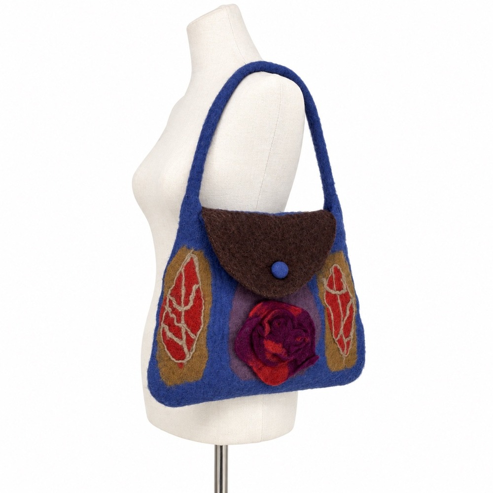 Rising Tide Wool Felted Floral Shoulder Bag & Coin Purse Set Blue Boho Nepal
